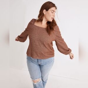 Madewell Plus Jacquard Brown Long, Puff-Sleeve Crop Top, Size Medium